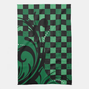 Checkerboard Swirl Patroon   Groen en zwart Theedoek