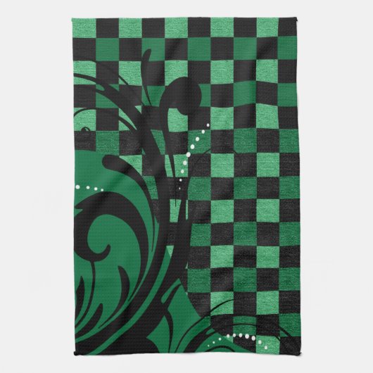 Checkerboard Swirl Patroon | Groen en zwart Theedoek (Verticaal)