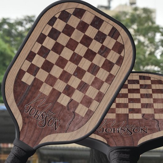 Checkerboard Wood Marquetry Imitation with Name Pickleball Paddle