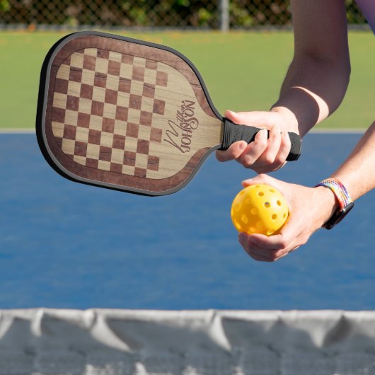 Checkerboard Wood Marquetry Imitation with Name Pickleball Paddle (Insitu)