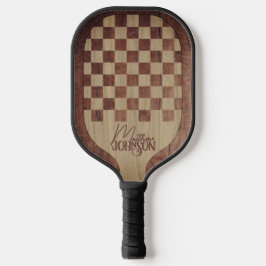 Checkerboard Wood Marquetry Imitation with Name Pickleball Paddle