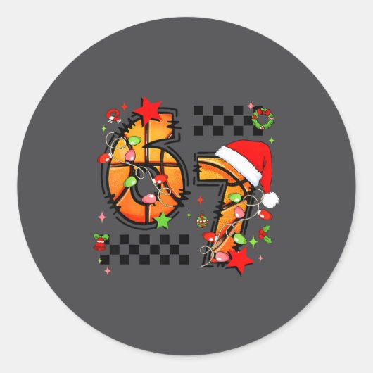 Checkered 67 Basketball Santa Hat Christmas Six Se Ronde Sticker (Voorkant)