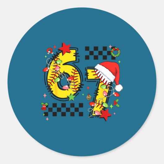 Checkered 67 Softball Santa Hat Christmas Six Seve Ronde Sticker (Voorkant)