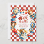 Checkered Alice in ONEDERLAND 1st Birthday Party Kaart (Voorkant)