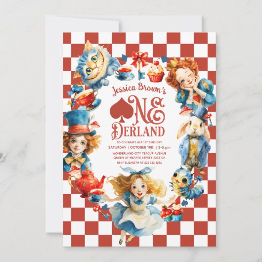 Checkered Alice in ONEDERLAND 1st Birthday Party Kaart (Voorkant)