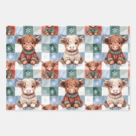 Checkered Christmas Highland Cow Red Green Blue  Inpakpapier Vel