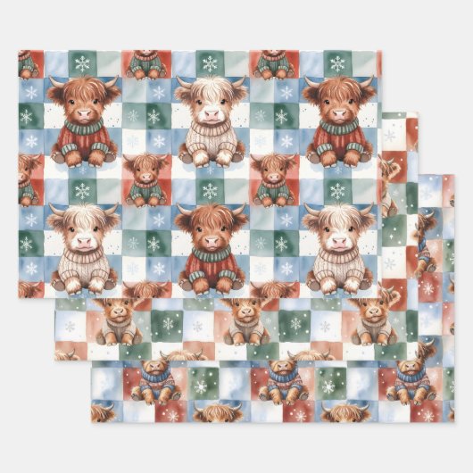 Checkered Christmas Highland Cow Red Green Blue  Inpakpapier Vel (Set)