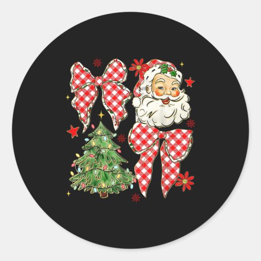 Checkered Coquette Bow Santa Claus Christmas Holid Ronde Sticker (Voorkant)