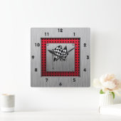 Checkered Flag; brushed aluminum look Vierkante Klok (Huis)