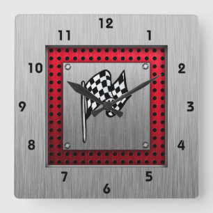 Checkered Flag; brushed aluminum look Vierkante Klok