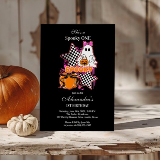 Checkered Ghost Halloween 1st Birthday Kaart