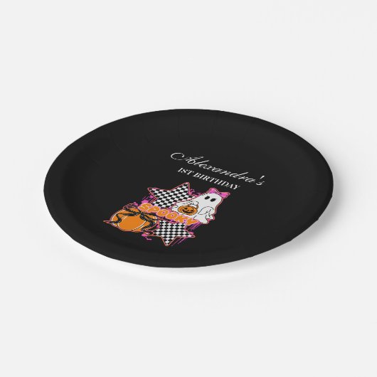 Checkered Ghost Halloween 1st Birthday Papieren Bordje (Gekanteld)