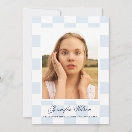 Checkered Grad graduation announcement Blue Aankondiging (Voorkant)