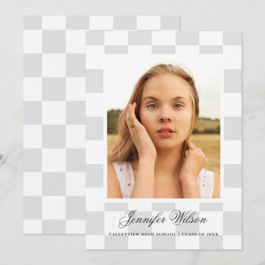 Checkered Grad graduation announcement Grey Aankondiging (Voorkant / Achterkant)