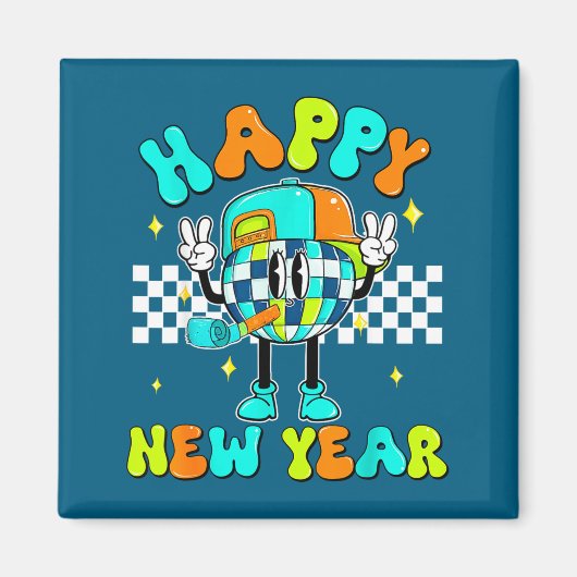 Checkered Happy New Year 2026 Disco Ball New Year  Magneet (Voorkant)