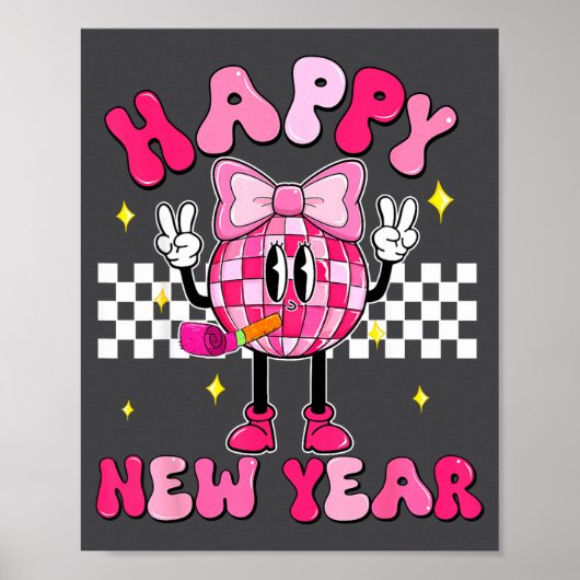 Checkered Happy New Year 2026 Disco Ball New Year Poster (Voorkant)