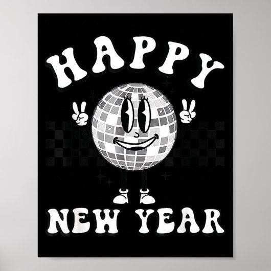 Checkered Happy New Year 2026 Disco Ball New Year Poster (Voorkant)