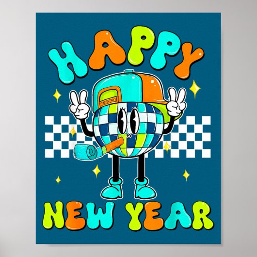 Checkered Happy New Year 2026 Disco Ball New Year  Poster (Voorkant)
