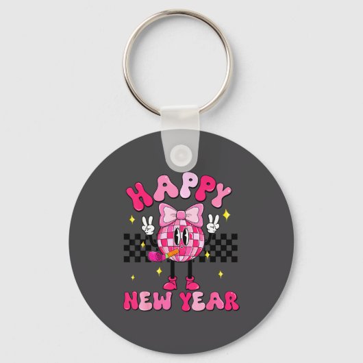 Checkered Happy New Year 2026 Disco Ball New Year  Sleutelhanger (Voorkant)