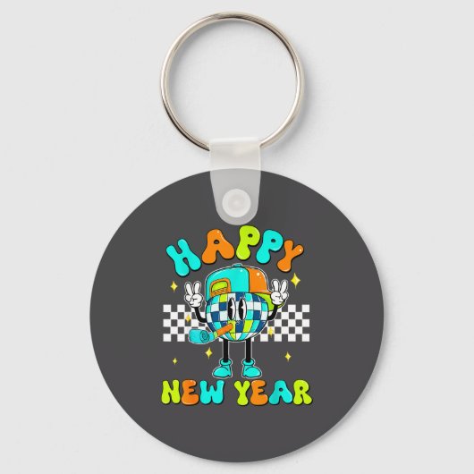 Checkered Happy New Year 2026 Disco Ball New Year Sleutelhanger (Voorkant)