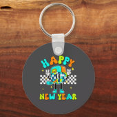 Checkered Happy New Year 2026 Disco Ball New Year Sleutelhanger (Voorkant)