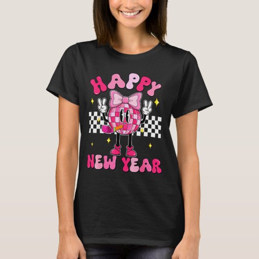 Checkered Happy New Year 2026 Disco Ball New Year  T-shirt (Voorkant)