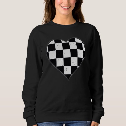Checkered Heart Plaid White Vintage Aesthetic Blac Trui (Voorkant)