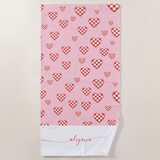 Checkered Heart Valentine Conquette Script Name Strandlaken (Voorkant)