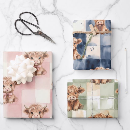 Checkered Highland Cow pink green blue Gift Wrap Inpakpapier Vel (Voorkant)