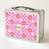 Checkered Hot Pink Smiling Flowers Custom Name (Achterkant)