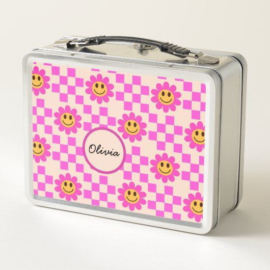Checkered Hot Pink Smiling Flowers Custom Name (Achterkant)