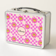 Checkered Hot Pink Smiling Flowers Custom Name