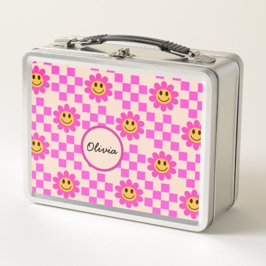 Checkered Hot Pink Smiling Flowers Custom Name (Voorkant)