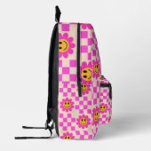 Checkered Hot Pink Smiling Flowers Custom Name Bedrukte Rugzak (Links)