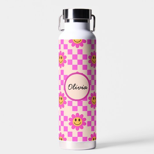 Checkered Hot Pink Smiling Flowers Custom Name Waterfles (Voorkant)