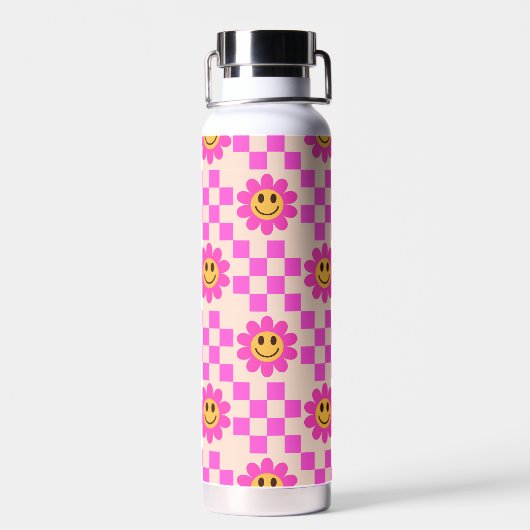 Checkered Hot Pink Smiling Flowers Custom Name Waterfles (Achterkant)