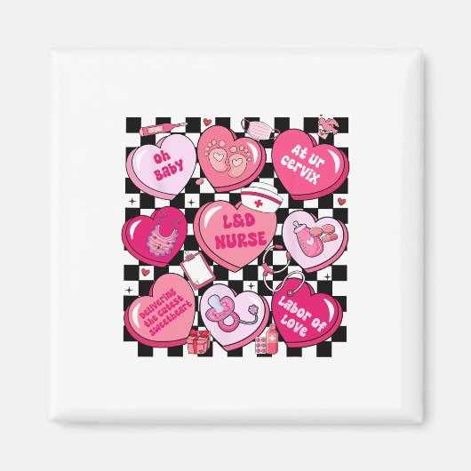 Checkered Landd Nurse Valentine Candy Heart Labor  Magneet (Voorkant)