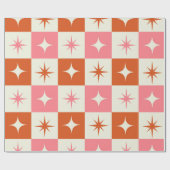 Checkered Mid Century Atomic Stars Pink Orange  Cadeaupapier (Vlak)