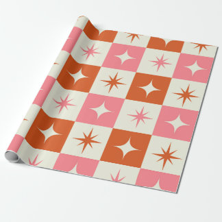 Checkered Mid Century Atomic Stars Pink Orange  Cadeaupapier