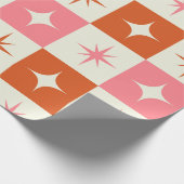 Checkered Mid Century Atomic Stars Pink Orange  Cadeaupapier (Hoek)