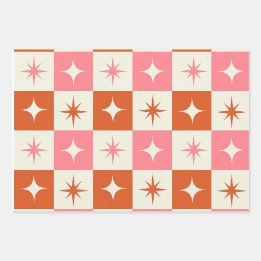 Checkered Mid Century Atomic Stars Pink Orange  Inpakpapier Vel (Voorkant)