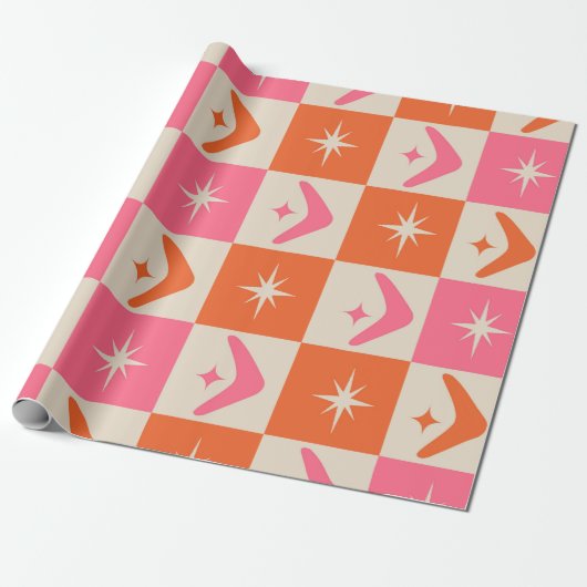 Checkered Mid Century Boomerangs pink and orange  Cadeaupapier (Uitgerold)