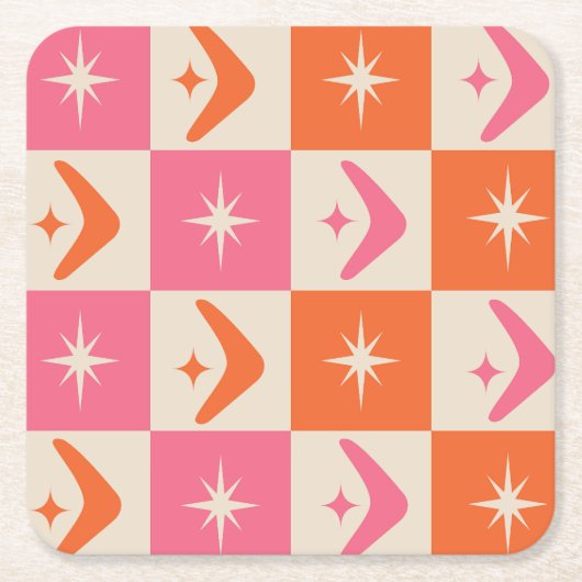 Checkered Mid Century Boomerangs pink and orange Kartonnen Onderzetters (Voorkant)