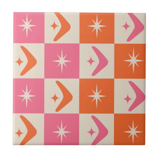 Checkered Mid Century Boomerangs pink and orange  Tegeltje (Voorkant)