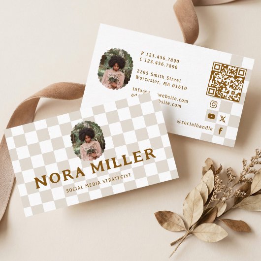Checkered Pattern Social Media Influencer Photo QR Visitekaartje
