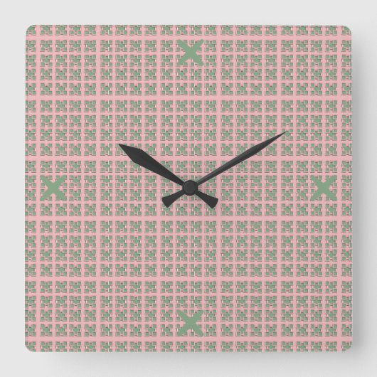 Checkered Pink and Green Square Wall Clock Vierkante Klok (Voorkant)