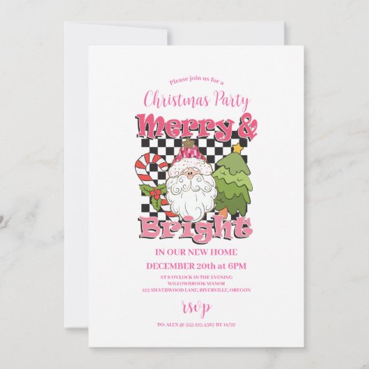 Checkered Pink Merry & Bright Christmas Party Kaart (Voorkant)