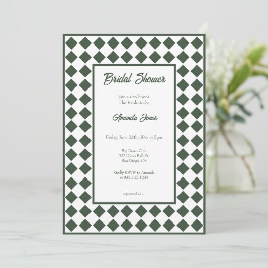 Checkered Simple Modern Dark Green Bridal Shower Kaart (Staand voorkant)