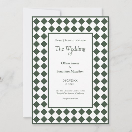 Checkered Simple Modern Dark Green Wedding Kaart (Voorkant)