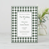 Checkered Simple Modern Dark Green Wedding Kaart (Staand voorkant)